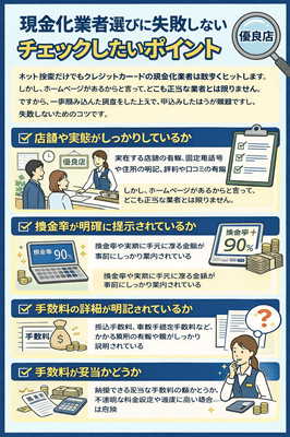 現金化業者選びに失敗しないためにチェックしたいポイント