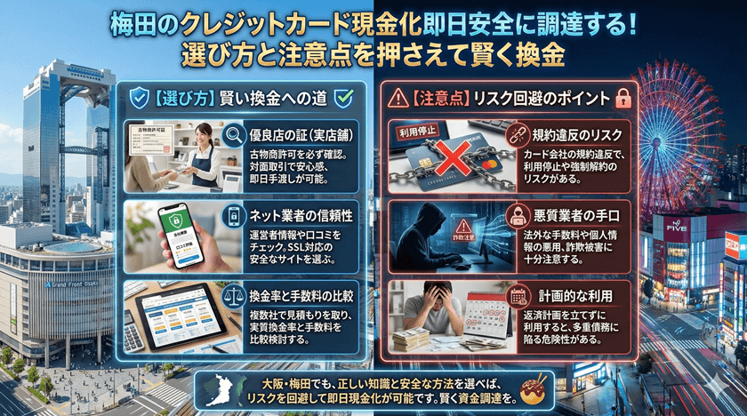 梅田クレジットカード現金化即日安全に調達する！選び方と注意点を押さえて賢く換金