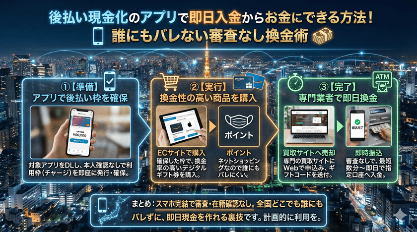 後払い現金化のアプリで即日入金からお金にできる方法！誰にもバレない審査なし換金術
