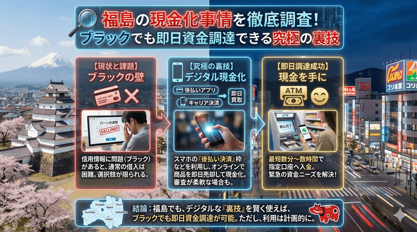福島の現金化事情を徹底調査！ブラックでも即日資金調達できる究極の裏技