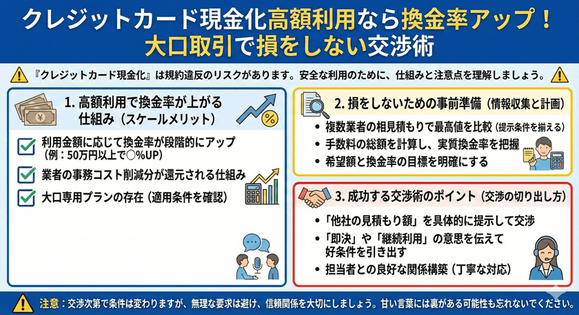 クレジットカード現金化高額利用なら換金率アップ！大口取引で損をしない交渉術