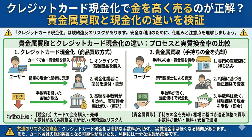 クレジットカード現金化で金を高く売るのが正解？貴金属買取と現金化の違いを検証