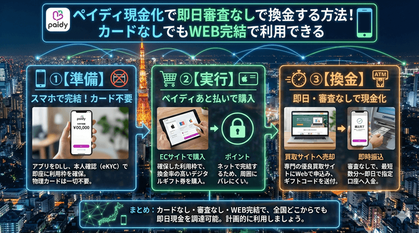 ペイディ現金化で即日審査なしで換金する方法！カードなしでもWEB完結で利用できる