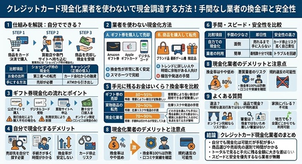 クレジットカード現金化業者を使わないで現金調達する方法。換金率と手間を比較